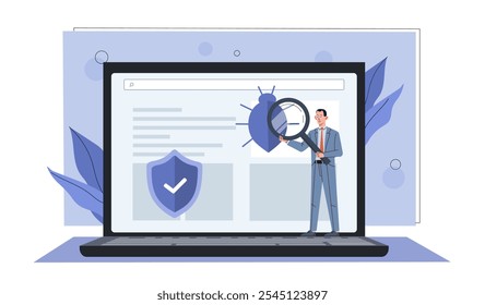 Man with computer virus. Young guy with magnifying glass studies bug on laptop screen. Danger on Internet. Computer safety and security. Flat vector illustration isolated on white background