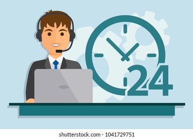 Man with computer wearing headsets. Call center service 24 hours. Vector illustrator.