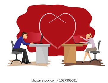 The man at the computer, the woman behind the laptop. Correspondence on the Internet, love correspondence.