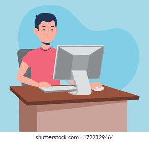 man with computer and work home technology to stay home, vector illustration