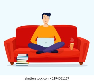 Man with computer work on sofa. Freelancer at home. Flat cartoon style vector illustration.