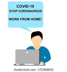 Man at computer working from home. Coronavirus pandemic is a danger. Vector illustration of flat design.