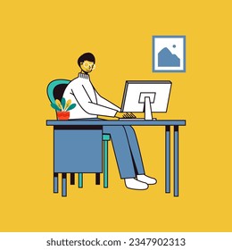 Man with computer working at home flat design vector illustration