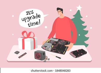 Man with computers components and phrase it’s upgrade time! Hardware, cooler, processor, video card, motherboard, memory. Vector illustration in flat style. New year tree, present box. Christmas.