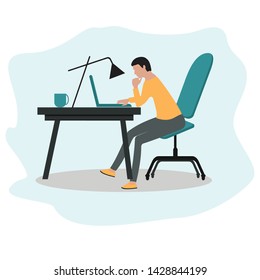 A man is concentrated, sits at a table with a laptop, a cup of coffee is isolated on a white background - vector. Freelance. Education.