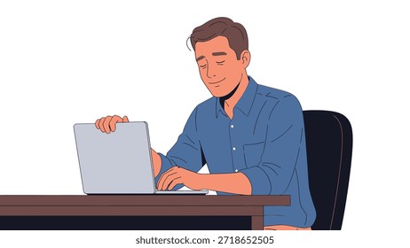 Un hombre se concentra mientras escribe en una computadora portátil en un escritorio