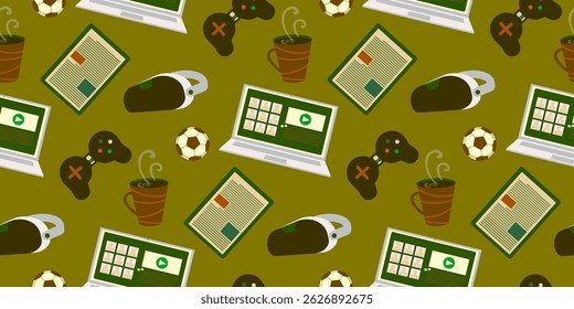 Man concept design notebook, tablet, soccer ball, coffee cup, video game controller, gamepad and virtual reality glasses seamless pattern. Fathers day background. Flat style vector illustration