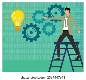 Man conceptualizes innovative ideas using light bulb iconography and gear mechanism by climbing stairs. Flat vector modern illustration 