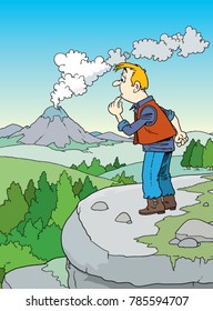 A man is concerned about the volcano