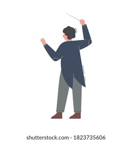 Man Conductor on Stage, Musician Directing Classic Instrumental Symphony Orchestra Flat Style Vector Illustration