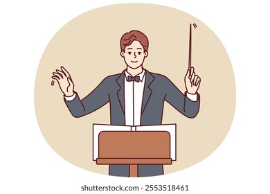 Man conductor participates in acoustic concert and helps orchestra perform classical symphony for audience of performance. Conductor in formal suit and bow tie coordinates musicians from opera house