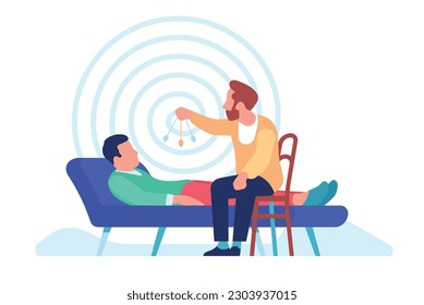 Man conducts hypnotherapy session for his visitor. Patient lying on sofa in trance, hypnosis therapy, psychedelic whirlpool and chatelaine watch cartoon flat style