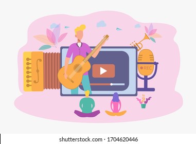 A man conducts a music lesson online. Playing guitar. Online music. Blogs for lovers of quality music. Colorful vector illustration.