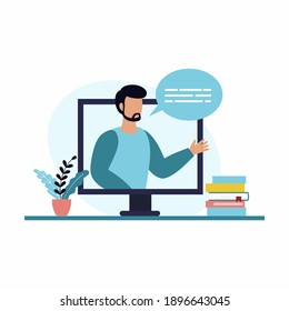 A man conducts online training through a computer. Concept of the webinar. Vector illustration in flat style. Digital classroom.