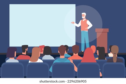 Man conducts presentation of new product or business training. Sitting people back view, blank empty poster. Mentor teaching workers. Seminar audience cartoon flat style vector concept