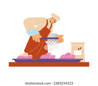 Man confectioner cooking cake, pie sprinkles with powdered sugar. Bakery chef in uniform preparing sweet dessert with cream. Confectioner at work vector illustration isolated