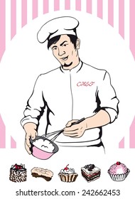 man confectioner during cooking culinary masterpiece vector illustration
