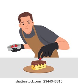Man confectioner prepares sweet dessert with berries and butter cream for sale in coffee shop or restaurant. Guy in apron stands at kitchen table making delicious dessert for bakery visitors