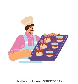 Man confectioner presenting trays with dessert, cake with cream and strawberries. Baker in uniform cartoon vector illustration. Bakery shop, culinary, sweet products, dessert, pastry concept