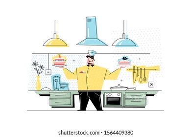 Man confectioner at workplace vector illustration. Cartoon pastry-cook standing at professional kitchen and holding plates with tasty cakes flat style design. Haute cuisine concept