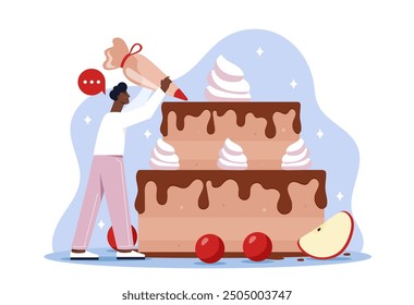 Man with confectionery. Young guy applies cream to cake. Chef preparing dessert and delicacy. Male cook with homemade pastry and bakery. Flat vector illustration isolated on white background