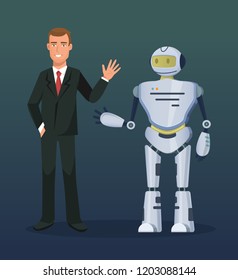 Man at conference, presentation of electronic mechanical robot, smart machine. Teaching of the robot, emotions and greeting movement, copying human gestures. Technology of future. Vector illustration.