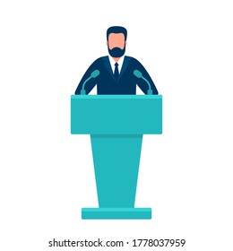 Man In Conference Suit On Podium, Tribune. Speech By People Leader, Businessman, Head, Teacher. Presidential Debate, Political Elections. Vector Flat Illustration