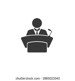 Man In Conference Suit On Podium, Tribune Icon. Speech By People Leader, Businessman, Head, Teacher. Presidential Debate, Political Elections. Vector Flat Illustration