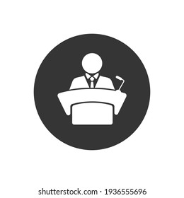 Man In Conference Suit On Podium, Tribune White Icon. Speech By People Leader, Businessman, Head, Teacher. Presidential Debate, Political Elections. Vector Flat Illustration