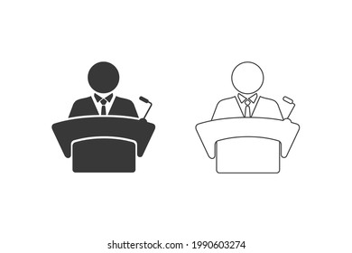 Man In Conference Suit On Podium, Tribune Icon Set. Speech By People Leader, Businessman, Head, Teacher. Presidential Debate, Political Elections. Vector Flat Illustration