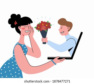 A man confesses his love to a woman. Dating site, two single people found true love through the Internet.  Vector flat illustration.