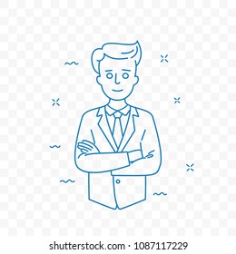 Man Confident With Folded Arms. Vector Doodle Line Icon Of Leader Businessman Or Office Manager In Business Achievement