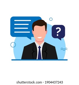 un hombre responde con confianza a la pregunta de la entrevista ilustración concepto de diseño plano eps10. elemento gráfico de estilo simple y moderno para infografía, página de inicio, aplicación estatal vacía o web ui
