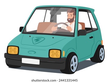 Man Confidently Navigates An Electric Car, Enjoying The Smooth, Silent Ride As He Contributes To A Greener Planet. Male Character Embodying Modern Efficiency. Cartoon People Vector Illustration