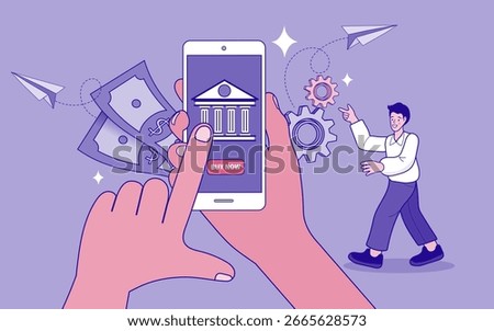 A man confidently uses a mobile banking app, surrounded by digital symbols of money and technology. The illustration captures the modern and convenient way of managing personal finances in the digital