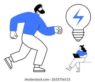 Homem caminhando com confiança, mulher usando laptop ao lado de uma lâmpada iluminada com um raio azul. Ideal para trabalho em equipe, brainstorming, inovação, trabalho remoto, colaboração, ideias brilhantes