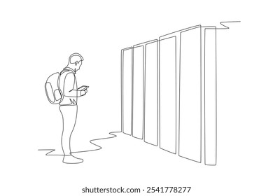 Man confirms travel locker. Travel locker concept one-line drawing