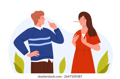 A man confronts a woman with a long nose, symbolizing lies and deception, isolated vector illustration