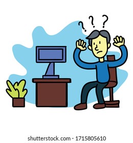 Man confuse doubting in the desk office looking at his laptop. business illustration doodle style