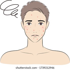 Man Confused About The Pimples On His Face. Skin Care. Vector Illustration