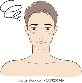 Man Confused about the spots on his Face. Skin Care. Vector illustration