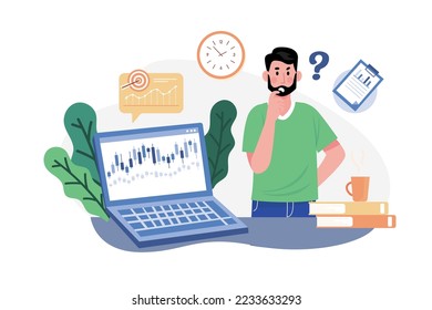 Man confused about stocks Illustration concept. A flat illustration isolated on white background