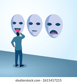 A man is confused about which face to use. A metaphorical illustration of lies, fake faces and hypocrisy in business.