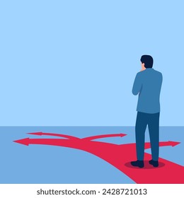 Man confused about which path to take, metaphor for uncertainty. Simple flat conceptual illustration.