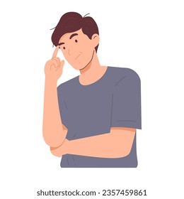 Man is confused by his thoughts or ponders something. Facial expression of curiosity, a face of surprise at a question. Hand drawn vector character illustration. Isolated on white background.