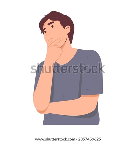 Man is confused by his thoughts or ponders something. Facial expression of curiosity, a face of surprise at a question. Hand drawn vector character illustration. Isolated on white background.
