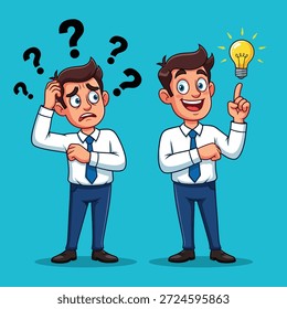 A man confused by question marks finds a solution, symbolized by a glowing light bulb, illustrating problem-solving and innovation.