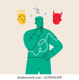 El hombre confundido para elegir entre los buenos ángeles y los malos demonios. Ilustración vectorial colorida
