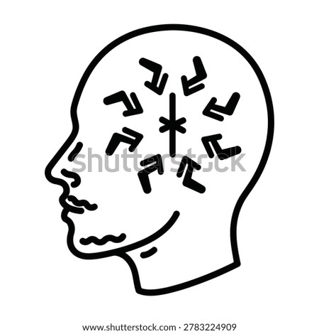 A man with a confused expression has arrows swirling in his head, symbolizing mental chaos and disorganization, stress and anxiety.