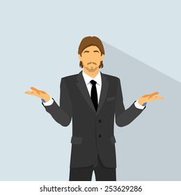 Man Confused Expression Hold Palm Up Question, Unexpected Hand Gesture Of No Ideas, Doubtful Businessman Flat Vector Illustration